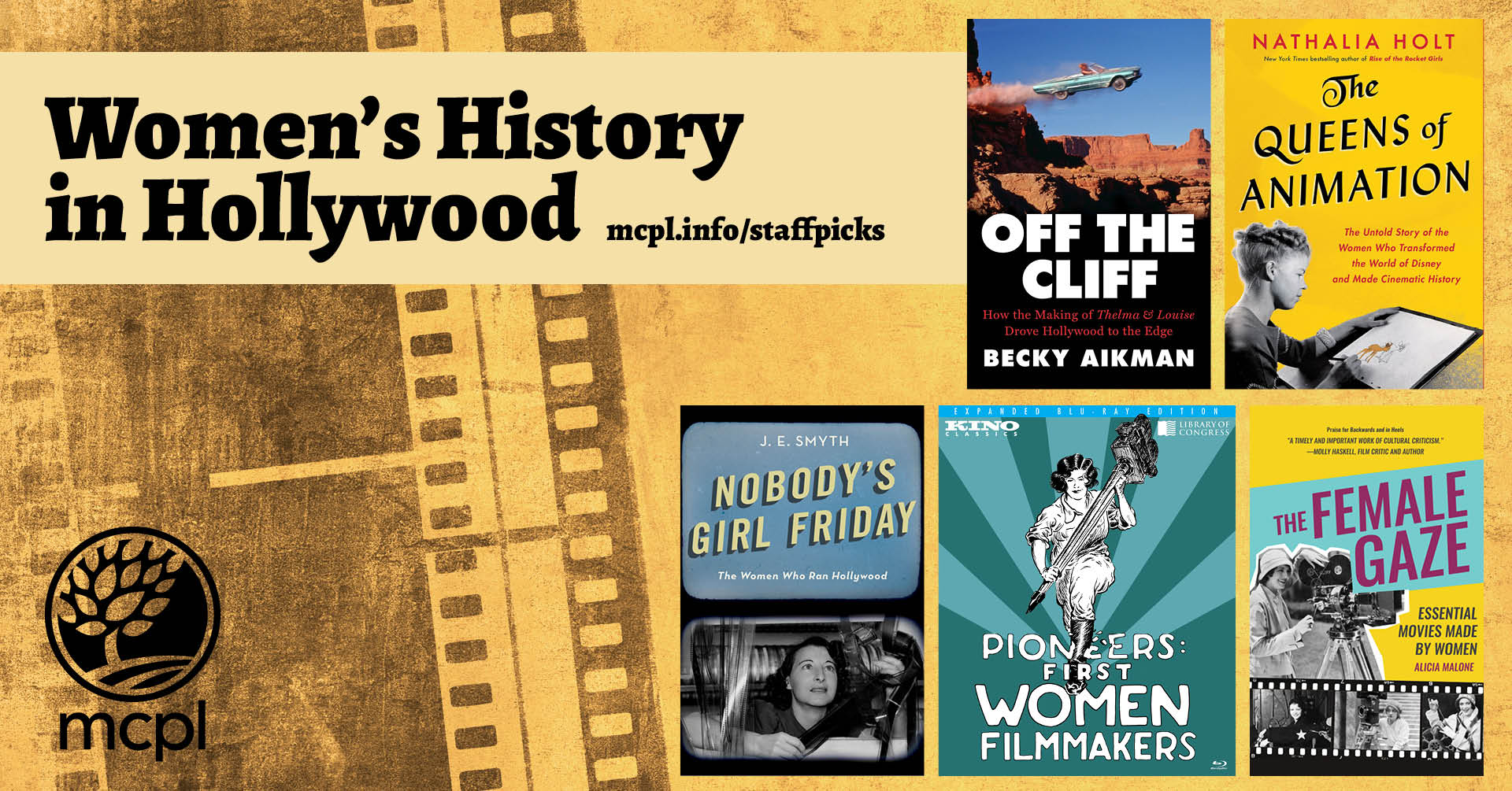 Covers of books about Women's history in Hollywood over a sepia colored film background.